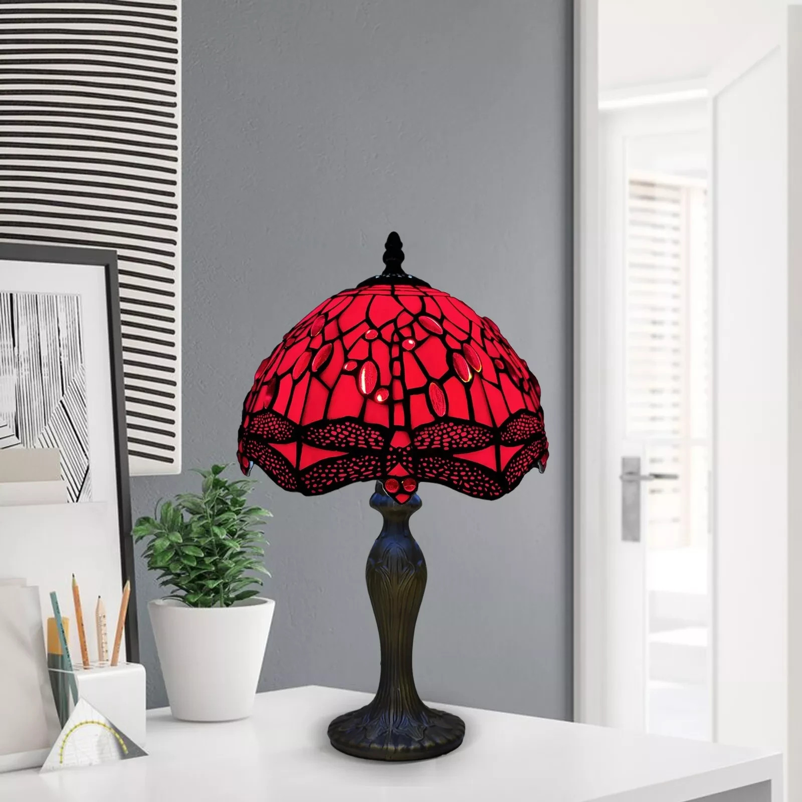 Red Tiffany Style Table Lamp Handcrafted Art Stained Glass Bedside Desk Lamp uk