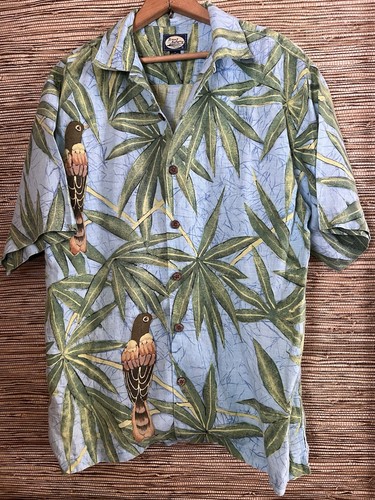 Tommy Bahama 100% Leinen Tropical Hawaiihemd Herren M, blau mit Vögeln & Rahmen