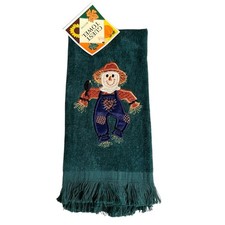 Vintage Harvest Fringe Fingertip Towel Green Scarecrow Fall Embroidered New