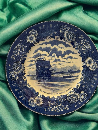 Mayflower Plymouth Harbor 9 3/4" Staffordshire England Blue & White Colonial Am - 第 1/4 張圖片