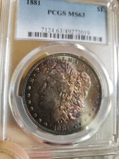 1881-P PCGS MS63 MORGAN $ GORGEOUS SHINY COLORFUL RAINBOW TONING 