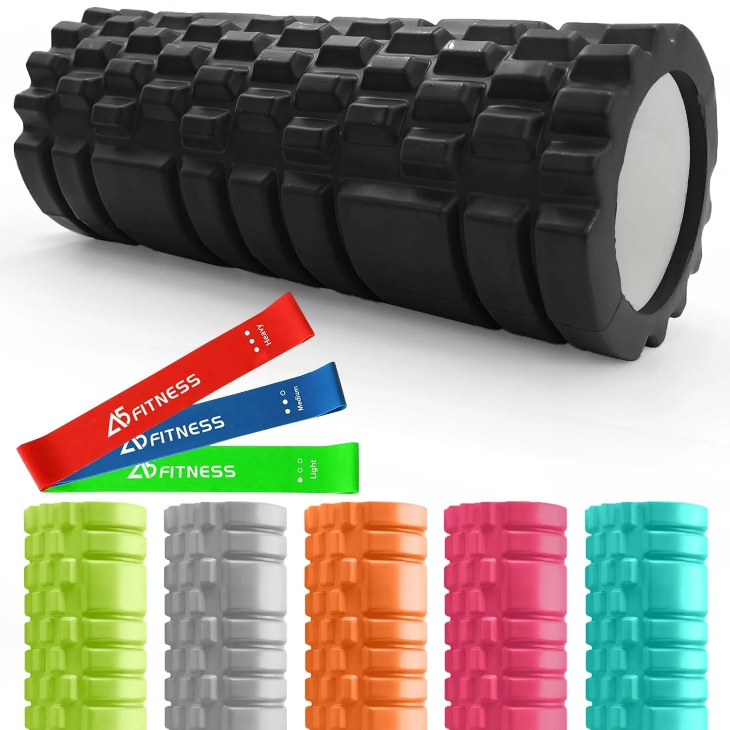 Foam Roller Black with 3 Resistance Level Bands - Lightweight 33 cm,
