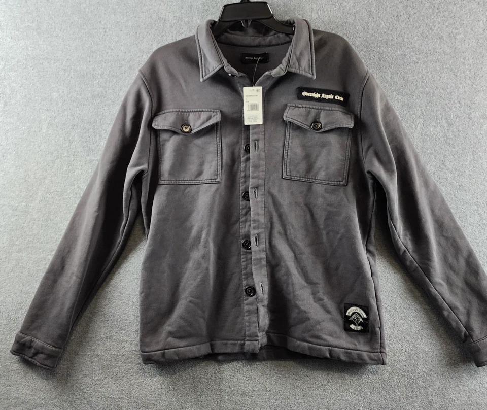 Overnight Angels Crew Mechanics Suéter Chaqueta Para Hombre Pequeña Gris Cierre de Botones Foto 2 de 4