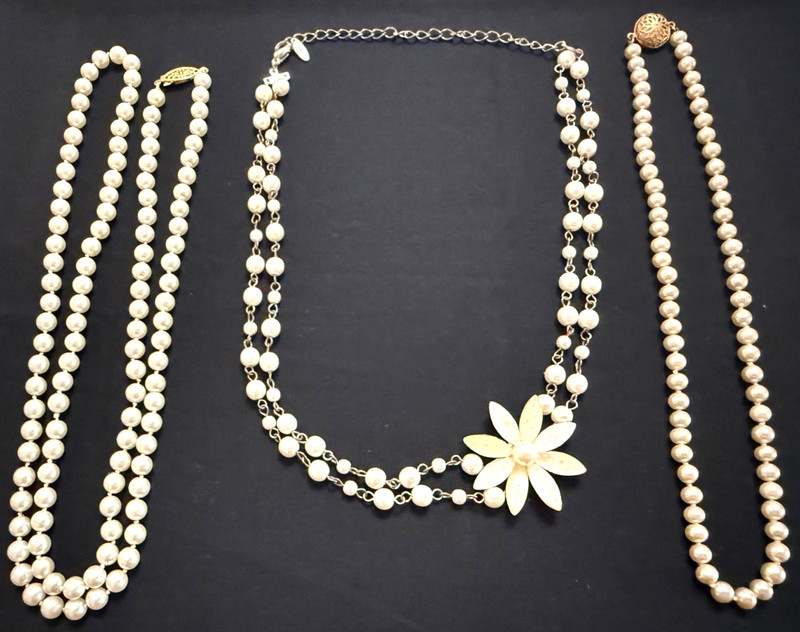 Vintage Lot of (3) Faux Pearl Necklaces, Knotted, Stamp Japan, Flower on Chain,