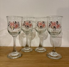 Set of 4 Vintage Twisted Stem Wine/Water Glasses Spring Pink Gold Flowers