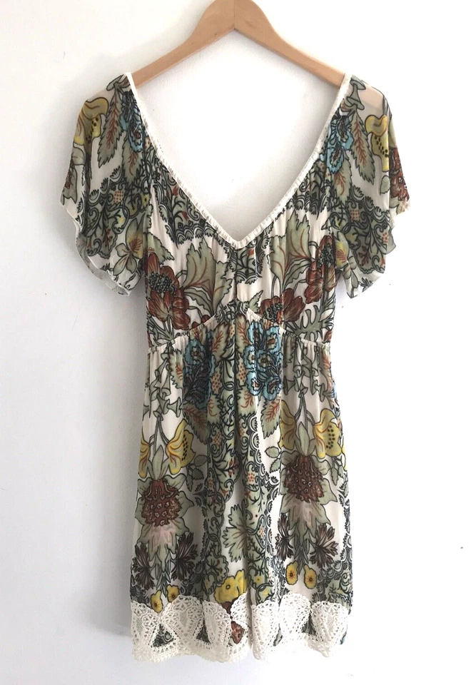 Vestido para mujer HALE BOB terciopelo seda floral manga corta cuello en V talla M forrado festival Foto 2 de 4