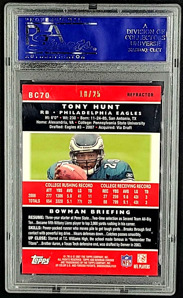 2007 Bowman Chrome Orange Refractor #BC70 Tony Hunt RC Rookie /25 PSA 10 POP 1 - Image 2 of 4