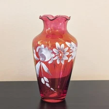 Vintage Rainbow Art Glass Cranberry Hand Painted Flowers Fluted Ruffled Vase