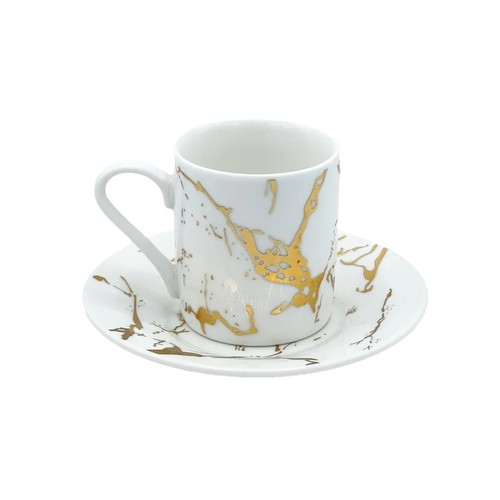 Porcelain Bone China Espresso Turkish Coffee Set of 6 Cups+ Saucer Gold Marble - Picture 1 of 2