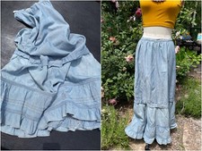 Antique Blue Ruffle/Flounce Maxi Skirt/Victorian 21" Waist, Costume/Study