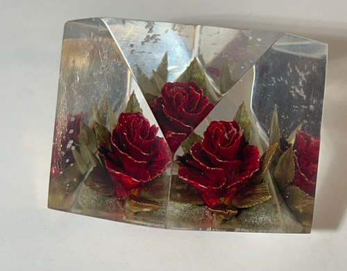 Lucite rose floral paperweight, faceted cube 2" - Picture 6 of 9