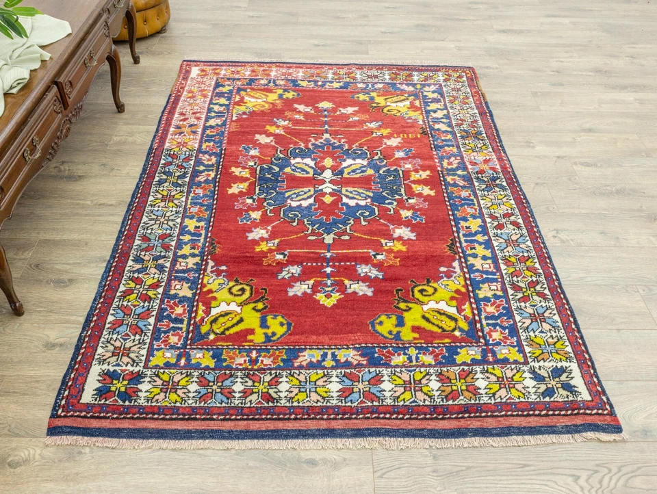 Cranberry Dazkiri Turkish Rug 5.1x7.1 ft – Cobalt Medallion – Vintage Wool Decor - Image 4 of 4