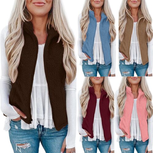 Women Fuzzy Sherpa Fleece Jacket Lightweight Vest Cozy Sleeveless Zip Waistcoat