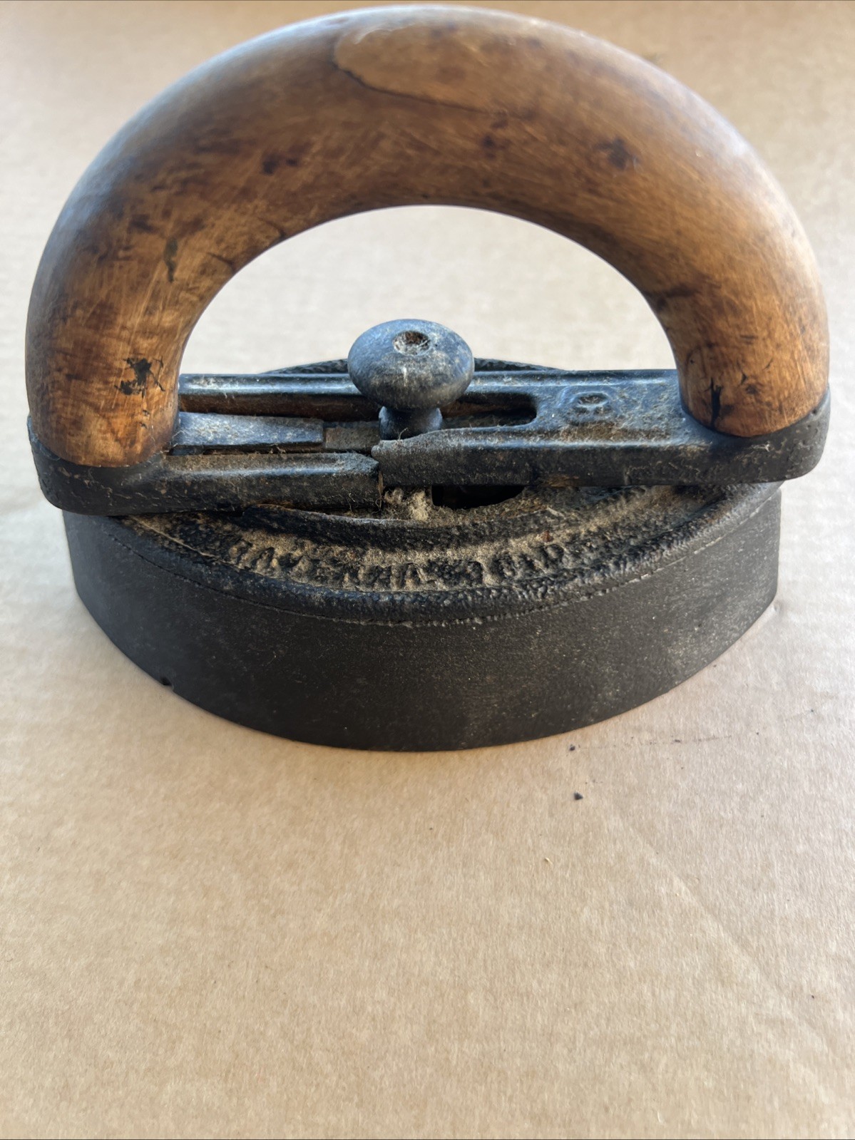 Vintage Sad Iron A.C. Williams with Wooden Handle Made in Ravenna, Ohio, USA