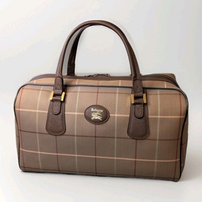 Vintage Burberrys Nova Check Boston Bag Brown Leather Duffel Handbag