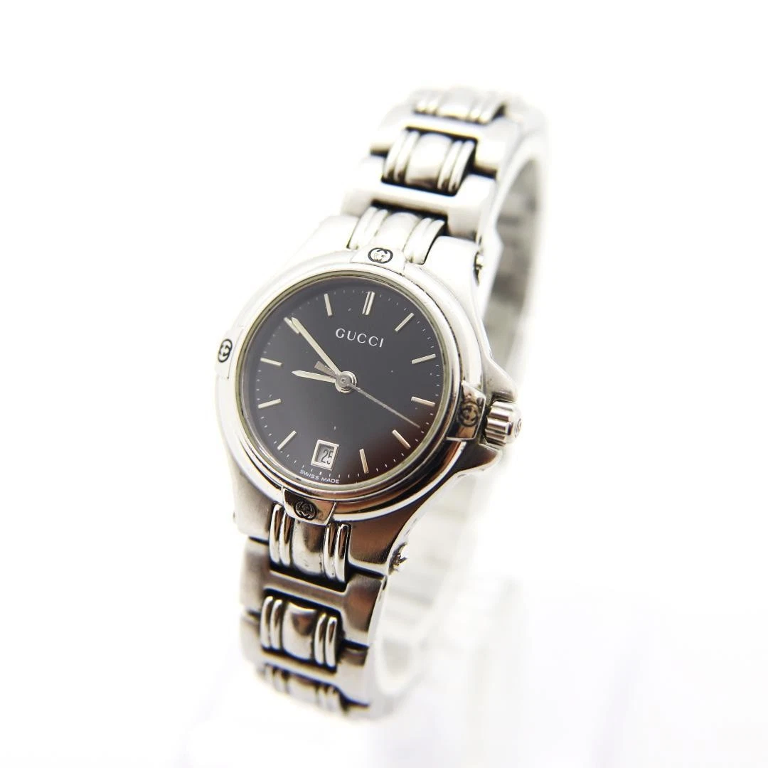 Montre d'occasion GUCCI 9040L cadran noir 25 mm acier inoxydable vintage femme quartz