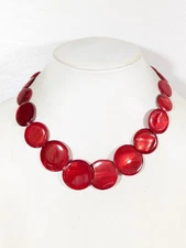 Charming Charlie Red Shell Disc Necklace Statement Beachy Boho 19"