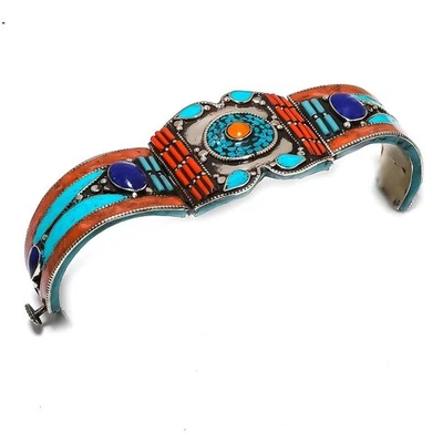 Manchette en lapis-lazuli corail turquoise bohème vintage bijou ancien... - Photo 1/4