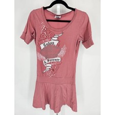 Vtg Y2K Womens Sz M Skater Shirt Dress Pink Short Sleeve Tattoo Print by LC