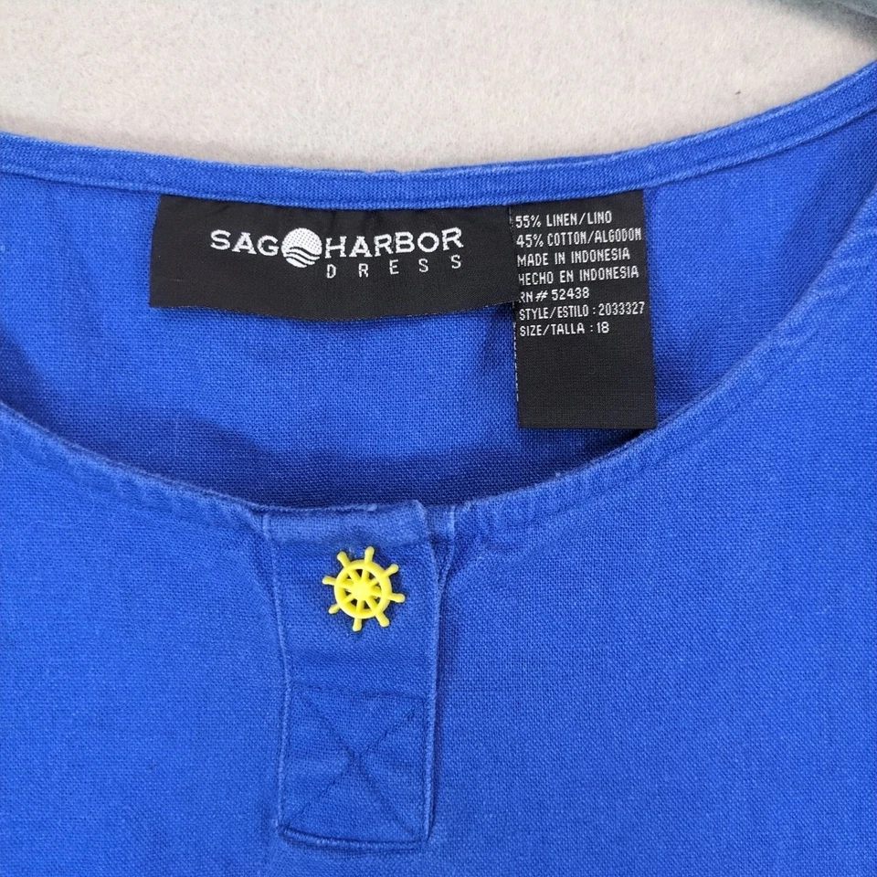Vestido De Colección Sag Harbor Lino Algodón Azul Cambio, Talla 18 Náutico Midi Sin Mangas Foto 2 de 4