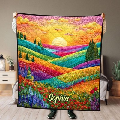 Personalized Sunset Mountain Quilt Blanket Wildflowers Scenic Throw Gift Mom