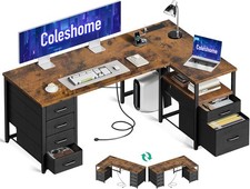 Coleshome Computer Corner Desk with Drawers, 140×80 cm L Shaped Office Brown 