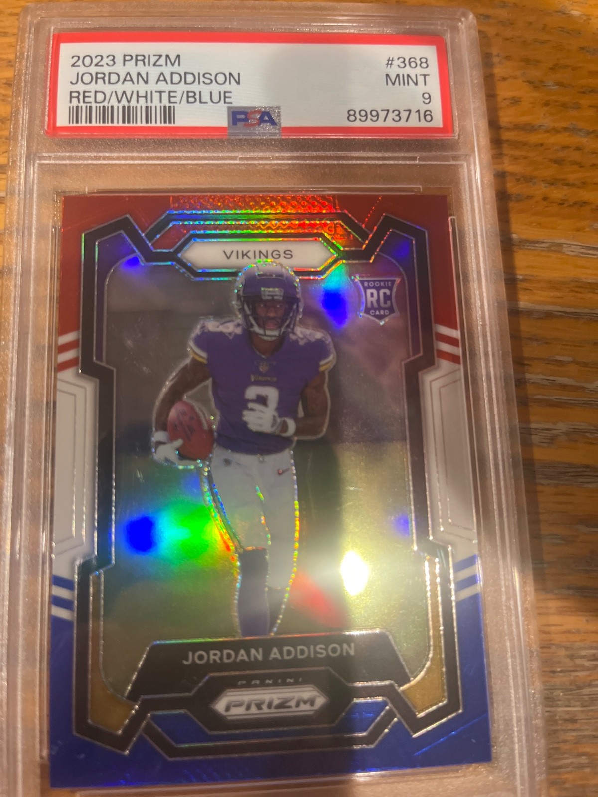 2023 Prizm Rookies Red White & Blue Prizm #368 Jordan Addison (RC) PSA 9