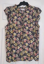 COUNTERPARTS Black Floral Yellow Ruffle Semi-Sheer Peasant Blouse Shirt Size XL