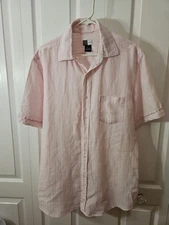 Saks Fifth Avenue Linen Shirt Light Pink Short Sleeve Men's Size Large Button Up