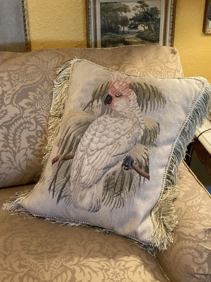 Almohadas de cacatúa 1990 tapiz de lana flecos de seda - Juego de 2 Foto 3 de 4