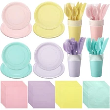 96 Pcs Pastel Disposable Dinnerware Set Include Pastel Paper Plates Cups Napk...
