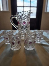 Victorian Era Cut Glass Pitcher With 4 Matching Glasses Cranberry Accents