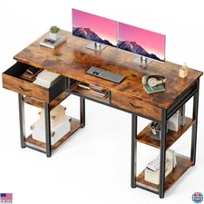 DUMOS 48" Rustic Brown Computer Desk with Drawers, Storage Shelf & Metal Frame