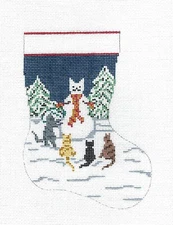4 Cats & Snowman Mini Stocking 13 mesh Needlepoint Ornament Canvas N. Crossings