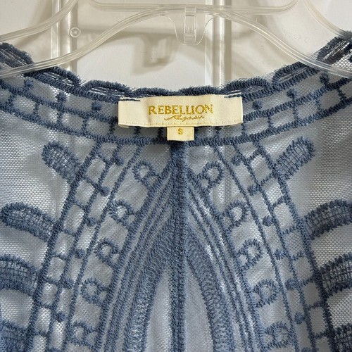 Rebellion Again Boho Duster Open Front Navy Blue Embroidery Cover-Up Size Small - Picture 5 of 8