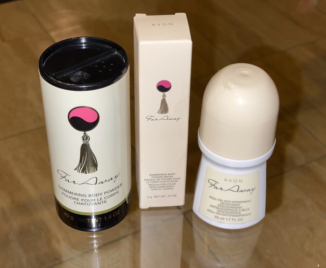 (3pc) Avon Far Away Shimmering Body Brush & Powder, and Deodorant eBay