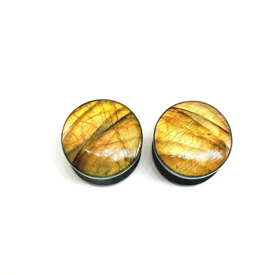Pair of Natural Labradorite Yellow Flesh Plugs, Double Flare Size 3mm to 50mm - Image 2 of 4