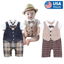 Newborn Baby Boys Gentleman Romper Long Sleeve Jumpsuit Outfit with Bow Tie Set