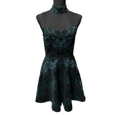 Windsor Women's Velvet Mini Skater Dress Size S Teal Black Damask Lace Cocktail