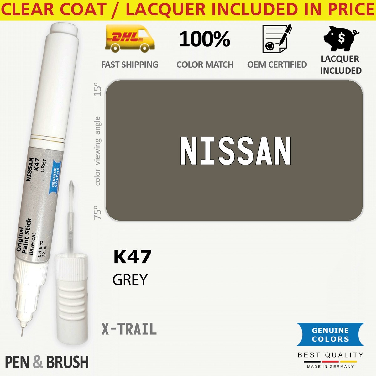 K47 Touch Up Paint for Nissan Gray X TRAIL GREY Pen Stick