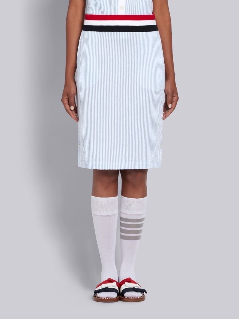 Thom Browne Blue Seersucker Knit RWB Waistband Skirt Sz 42