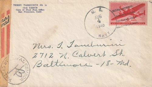 1945 USA censored cover sent from San Francisco CA to Baltimore MD