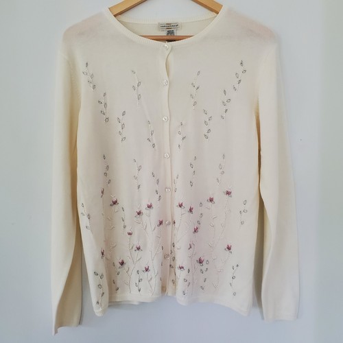 VTG YARNWORKS Sz M Cream Knit LS Cardigan Sweater Delicate Thistle Embroidery