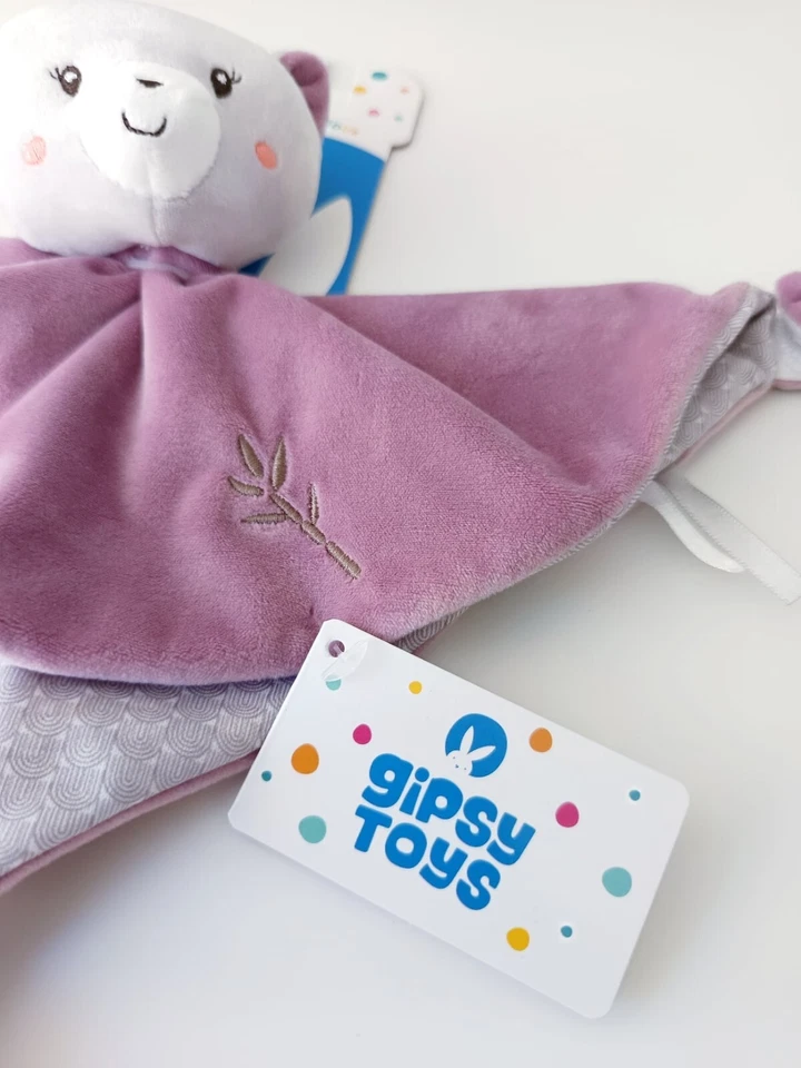Doudou Plat/Mouchoir Chat Violet/Mauve Gris Bamboo Bambou Attache Tétine - Gipsy - Photo 3/4