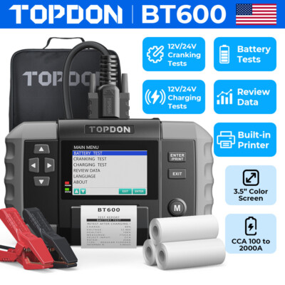 2026 TOPDON BT600 12V 24V Digital Battery Tester Printer Cranking Charging Test