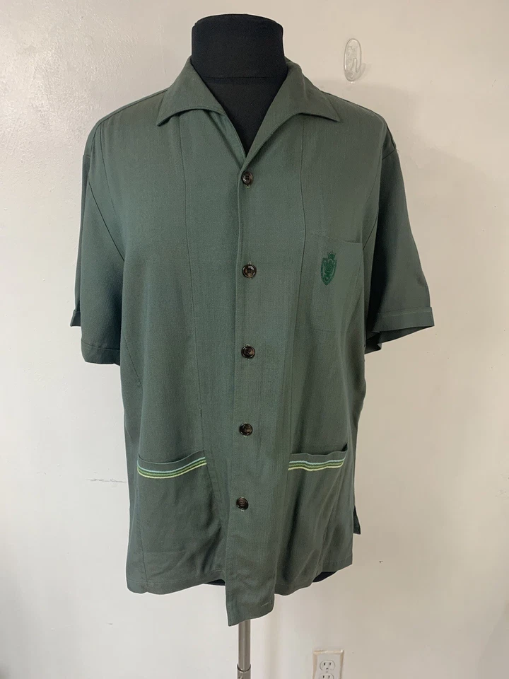 Camisa De Colección Años 60 Iolani Hawaiana Rayón Gaberdine Botón Delantero Verde Grande Foto 3 de 4