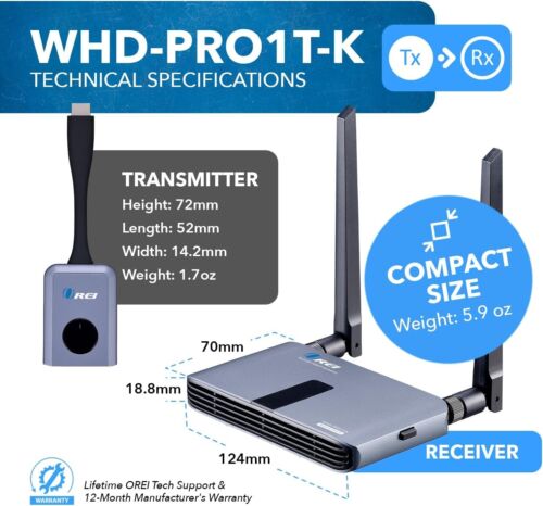Orei Wireless 2x1 HDMI Sender und Empfänger Dongle Kit - 100 Fuß (WHD-PRO2T-K) - Bild 5 von 6