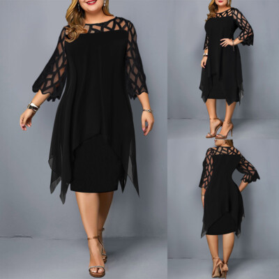 Übergröße Damen Business Spitze Kleid Langarm Midikleid Partykleid Abendkleider