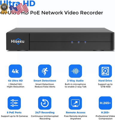 16 channel Extendable】Hiseeu 8 Port 4K PoE Network Video Recorder