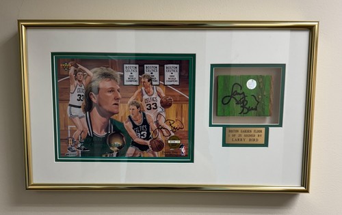 LARRY BIRD FRAMED AUTOGRAPHED BOSTON GARDEN FLOOR AND PICTURE